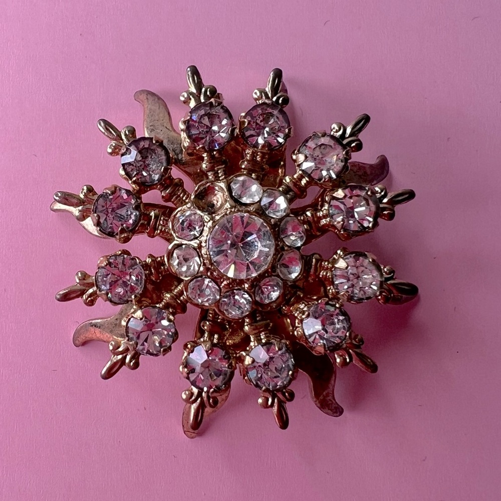 Vintage Paste Gold Tone and Silver - Grey Rhinestone Brooch, Coro, Jewelry, Lape